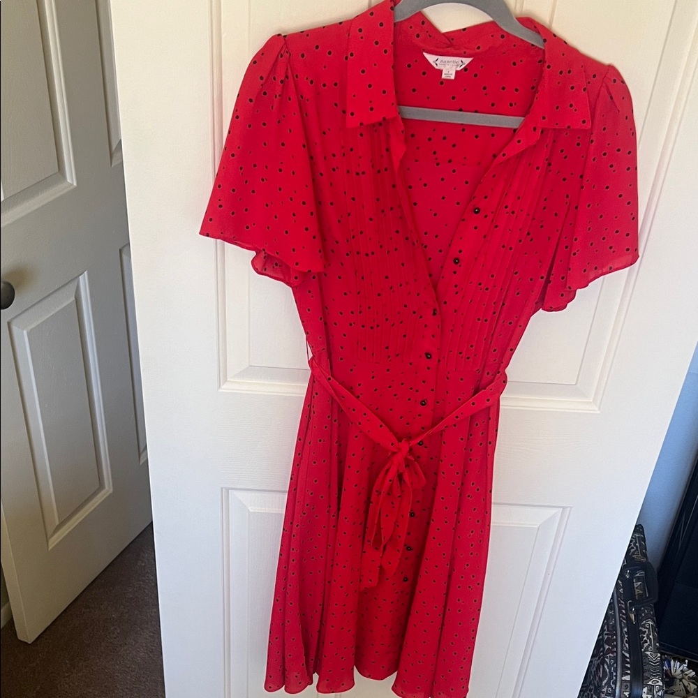 Nanette Lepore Red Button Up Midi Dress with Black Polka Dots - Picture 10 of 10